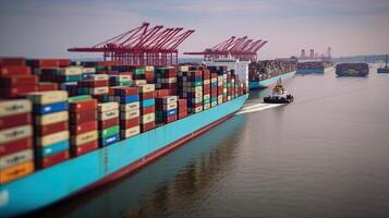 Container Schiff auf das Hintergrund von das Hafen, Tragen bunt Behälter. ai generiert foto