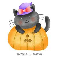 ein süß Aquarell schwarz Katze tragen ein lila Hexe Hut Lügen auf oben von ein Kürbis zum Halloween foto