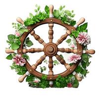 3d nautisch, Marine, Blumen- Illustration mit hölzern Lenkrad, ai generativ foto