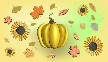 3d realistisch Gelb Kürbisse und Blätter. Dekoration zum Halloween und Herbst Verkauf Banner ein andere. Vektor Illustration auf Weiß Hintergrund foto