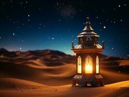 Arabisch Laterne mit Verbrennung Kerze leuchtenden beim Nacht Mond Über sandig Wüste foto