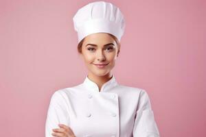 weiblich Koch im Weiß Uniform Stehen foto