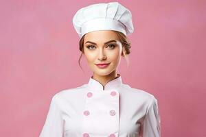 weiblich Koch im Weiß Uniform Stehen foto