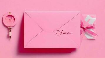 ai generieren Foto ein Rosa Briefumschlag mit ein Rosa Briefumschlag mit ein Taste Das sagt'a wenig bisschen von love'on Es..
