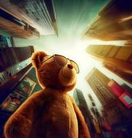 ai generieren Foto ein breit Schuss von ein Teddybär mit Sonnenbrille, der zu den hohen Gebäuden hinaufschaut im mal Quadrat, Digital Kunst