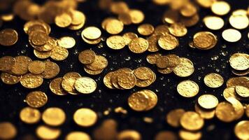 Gold Münzen mit schwarz Hintergrund, Regen von Geld, Vermögen, Reich Konzept Bild von Erfolg ai generiert foto