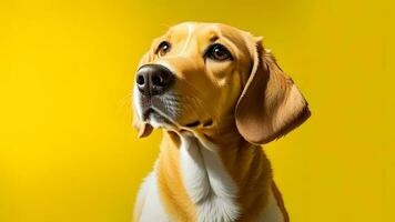 süß braun Hund Labrador Retriever gegenüber das Kamera Gelb Hintergrund Nahansicht ai generiert foto