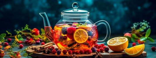 frisch Obst Tee im ein Glas Teekanne, Banner gemacht mit generativ ai foto