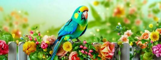bunt Papagei auf das Zaun unter das Blumen, Kunst Banner gemacht mit generativ ai foto