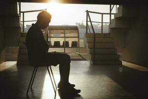 silhouettiert von traurig Foto. einsam Mann Sitzung auf das Boden.er ist unzufrieden und traurig.er ist Depression.unlieben,unglücklich,versagen.Foto Konzept zum Krankheit und Depression. foto
