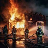 Feuerwehrmann im Vordergrund mit Verbrennung Gebäude im Hintergrund. Sicherheit Feuer Kämpfer Team, Abteilung Feuerwehrmann im Besondere Hitze beständig Schutz Anzug. generativ ai Illustration. foto