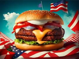 köstlich lecker Hamburger. amerikanisch Hamburger Lebensmittel. Denkmal Tag Hamburger. lecker Burger foto