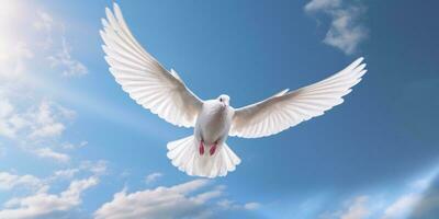 International Frieden Tag, Weiß Taube fliegend auf Blau Himmel Hintergrund, Vogel von Frieden Symbol. generativ ai foto