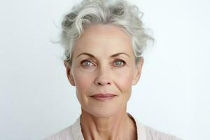 Porträt von Senior skandinavisch Frau mit grau kurz Haar auf Kopieren Raum. schön Alter Modell. foto