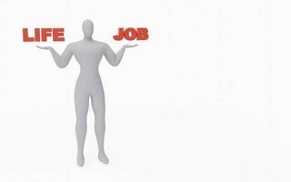 3d machen von Geschäftsmann balancieren Leben und Arbeit. Leben und Job Vergleich Illustration mit Exemplar. foto