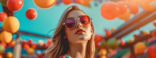 schön jung Frau mit Sonnenbrille, Sommer- festlich Zeit Hintergrund. generativ ai foto
