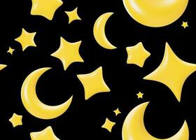 nahtlos Muster mit Gelb 3d Sterne und Monde auf schwarz Hintergrund. anwendbar zum Stoff drucken, Textil, Hintergrund. wiederholbar Textur. Karikatur Stil, Muster zum Kinder Bettwäsche, Kleidung. 3d machen. foto