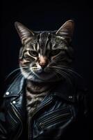 cool Katze mit Leder Jacke auf schwarz Hintergrund. modisch Aussehen, Sein modisch. Stil und Mode. stilvoll Haustier. Katze Chef, komisch Haustier. generativ ai. foto