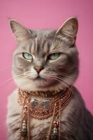 cool Katze mit ohne Hals auf Rosa Hintergrund. modisch Aussehen, Sein modisch. Stil und Mode. stilvoll Haustier. Schmuck, Zubehör. generativ ai. foto