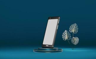 schwarz Handy, Mobiltelefon Telefon und Podium mit Glas Monstera Blatt im Blau Hintergrund ,Glas Sockel Vitrine zum modern ,3d Illustration oder 3d machen foto