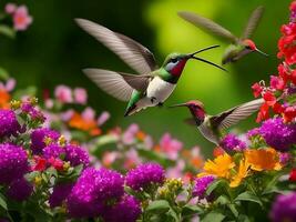 ein Gruppe von Kolibri schweben um ein Blühen Garten, nippen Nektar von beschwingt Blumen erstellt mit generativ ai Technologie foto