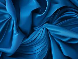 3d machen, abstrakt Hintergrund mit gefaltet Textil- Rüsche, Blau Stoff Makro, wellig Mode Hintergrund erstellt mit generativ ai Technologie foto