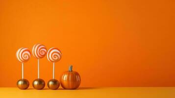 Halloween Kürbis Dekoration mit Orange Hintergrund und Kopieren Raum ai generiert foto