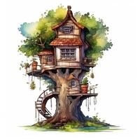 Aquarell Illustration von ein Baum Haus im das gestalten von ein Haus ai generativ foto