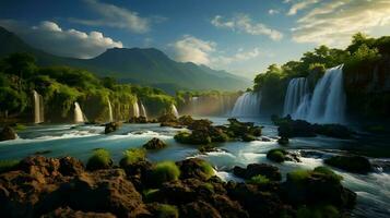 Berg Fluss im das Wald. Natur Landschaft Hintergrund ai generativ foto