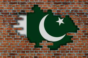 3d Flagge von Pakistan hinter das gebrochen alt Stein Mauer Hintergrund. foto