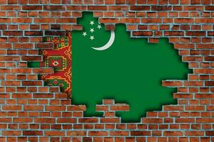 3d Flagge von Turkmenistan hinter das gebrochen alt Stein Mauer Hintergrund. foto