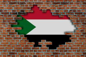 3d Flagge von Sudan hinter das gebrochen alt Stein Mauer Hintergrund. foto