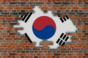 3d Flagge von Süd Korea hinter das gebrochen alt Stein Mauer Hintergrund. foto