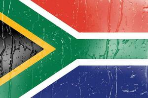 3d Flagge von Süd Afrika auf ein Glas mit Wasser fallen Hintergrund. foto