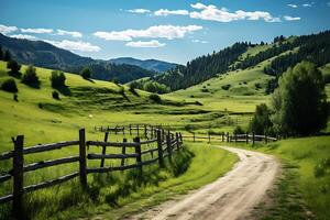 Land Straße im Grün Feld mit hölzern Zaun und Blau Himmel mit Wolken ai generativ foto