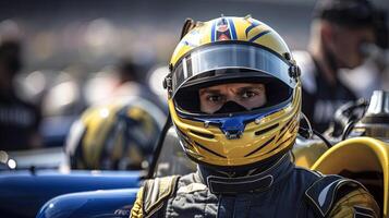 ein Markieren männlich im Helm Fahren Autos zum Kart fahren im Sport Verein. generativ ai. foto