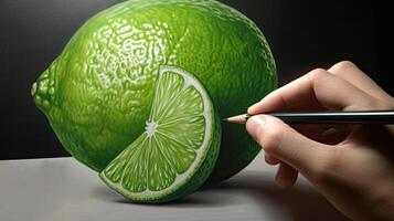 3d Kunst präsentieren Bild von Hand Zeichnung realistisch einer ganze Limette und Schnitt Scheibe mit Bleistift. generativ ai. foto