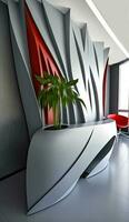 modern Design architektonisch Innere mit groß Pflanzer Schreibtisch, rot Stuhl. generativ ai Technologie. foto