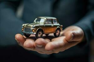 Hand von ein Miniatur Auto oder Wagen. generativ ai. foto