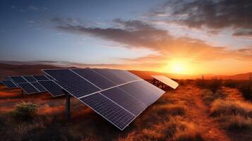 Zonenpanelen, Übersetzung Sonne Energie, Solar- Tafel. ein schließen oben von ein Marke Neu Struktur mit dunkel Solar- Tafeln. Solar- Paneele ,mit Wind Turbinen, gegen Berge, Landschaft generativ ai. foto