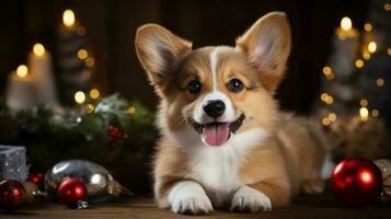 süß Corgi Hund auf das Hintergrund von Weihnachten Spielzeuge und Weihnachten Baum. lächelnd Hund. generiert durch künstlich Intelligenz foto