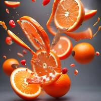 Orange Saft halt Bewegung ai generiert Bild, Saft im ein Glas foto