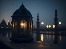 eid Lampe mit verwischen Hintergrund ai generiert, islamisch eid Hintergrund, eid Mubarak Hintergrund foto
