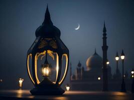 eid Lampe mit verwischen Hintergrund ai generiert, islamisch eid Hintergrund, eid Mubarak Hintergrund foto