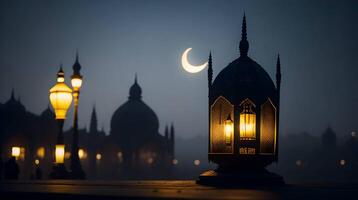 eid Lampe mit verwischen Hintergrund ai generiert, islamisch eid Hintergrund, eid Mubarak Hintergrund foto