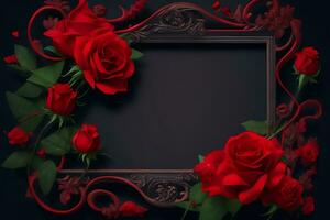Rahmen mit rot Blume Kopieren Raum rot Rosen auf dunkel texturiert Gutshof Hintergrund. Strauß von Garten Blumen, ai generativ foto