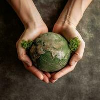 speichern das Planet im Grün mit zwei Hände halten zusammen. Umwelt und reduzieren global Erwärmen Hilfe Erde, oben Sicht. Ökologie und Umgebung nachhaltig Konzept foto