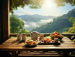 Frühstück Mahlzeit auf ein hölzern Tabelle suchen aus zu ein schön Berg Aussicht foto