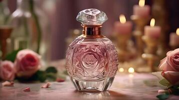 romantisch Parfüm Flasche mit Rose Blütenblätter foto