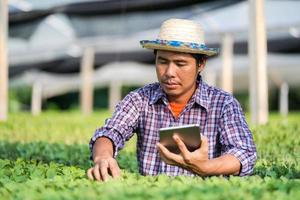 Asiatischer Bauer mit Hut, der ein digitales Tablet verwendet und junge Sämlinge in seiner Farm im Gemüsegarten überprüft